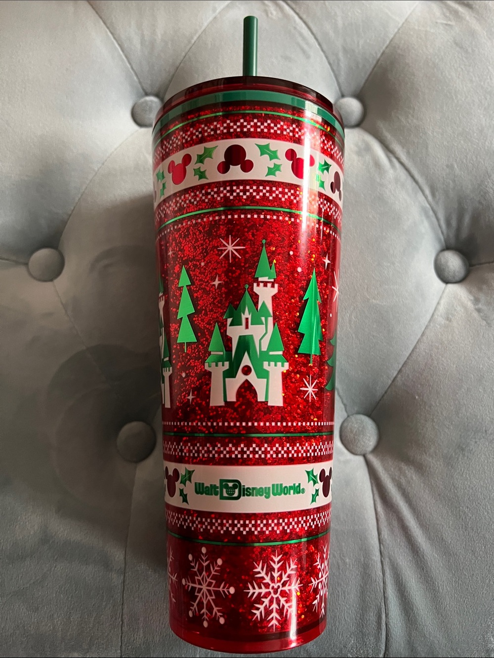 Disney Starbucks Red and Green Holiday Castle Tumbler with Green Straw